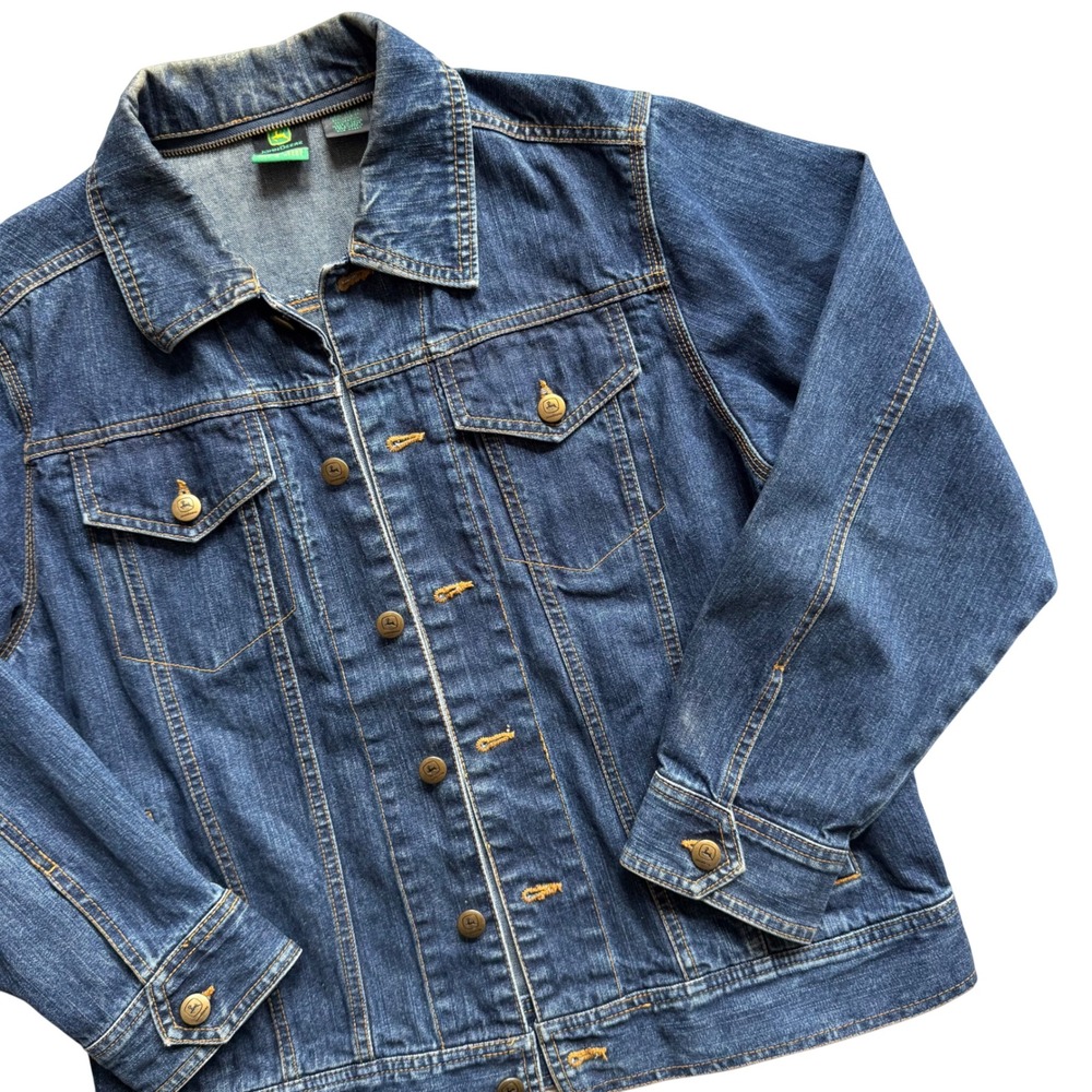 Vintage John Deere Kids Blue Denim‎ Trucker Jacket XL 18 Medium Wash Cotton Y2K